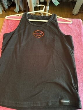 Harley-Davidson Black Tank with Red-Orange Rhinestone Lip Motif